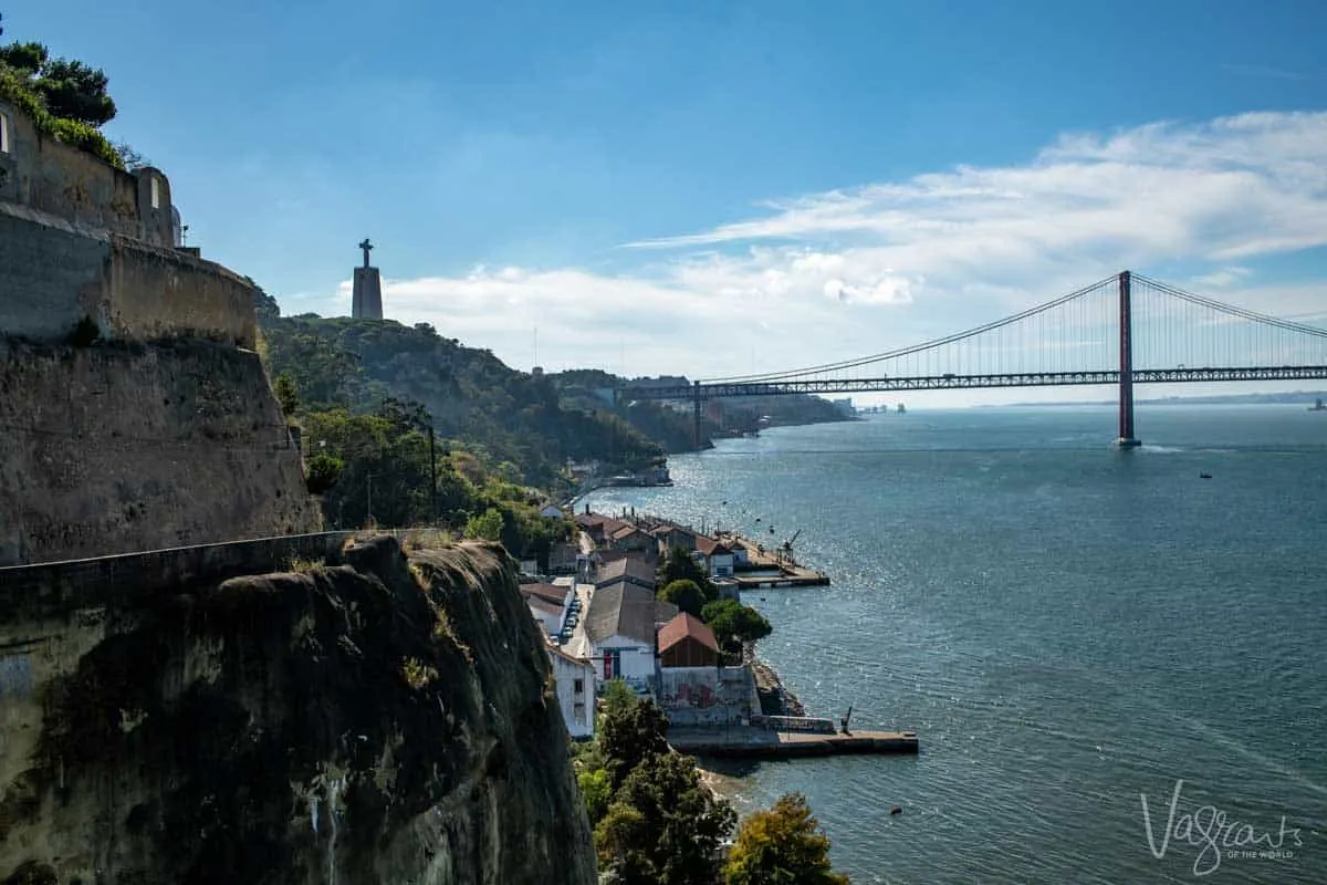 Views over the Tagus River and Cristo Rei statue in Lisbon. 