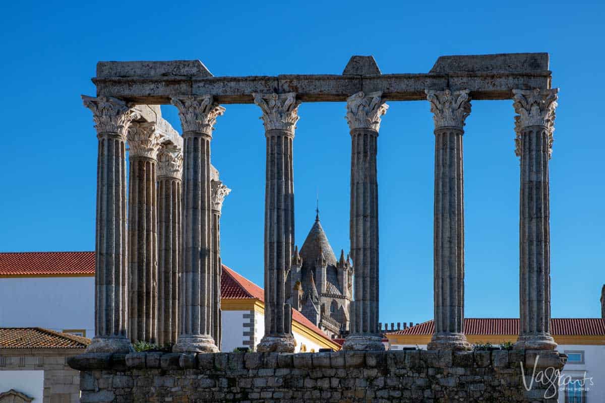The Cathedral dome seen through the roman temple in Évora Portugal. 