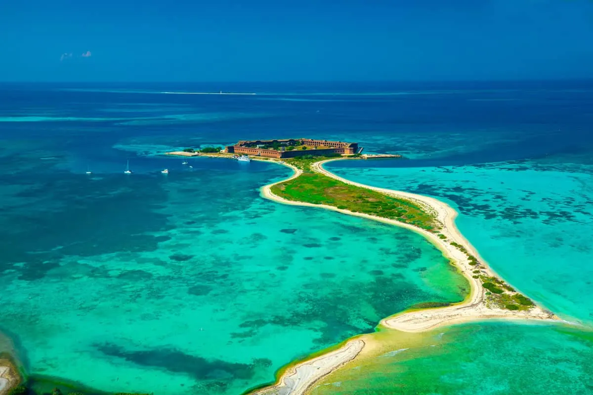 Clear blue water surrounding the islands and Jefferson Fort on Dry Tortuga National Park