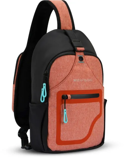 Orange and black sling backpack.