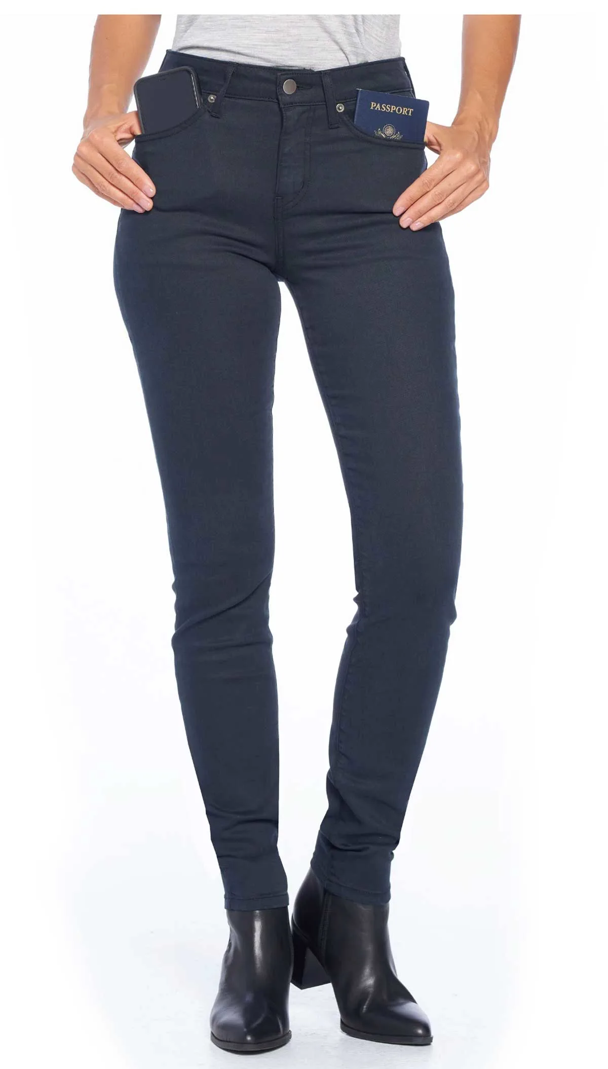 Lady modelling a pair of blue travel jeans.