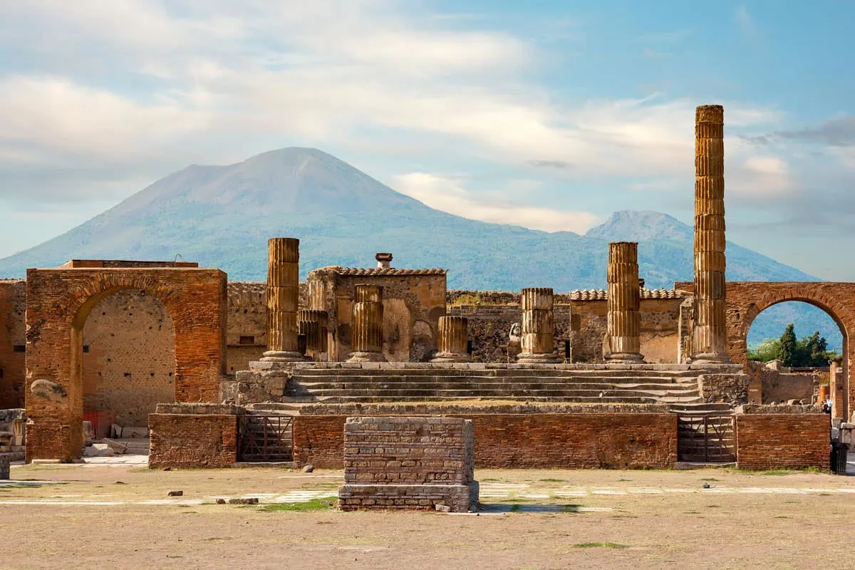 The ancient ruins of Ponpeii with Mt Vesuvius in the background. 