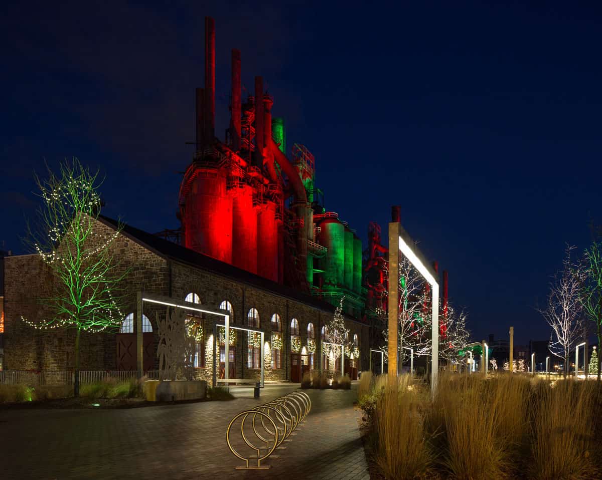 Steel stacks in Bethlehem PA lit in red and green for the Christmas holidays.