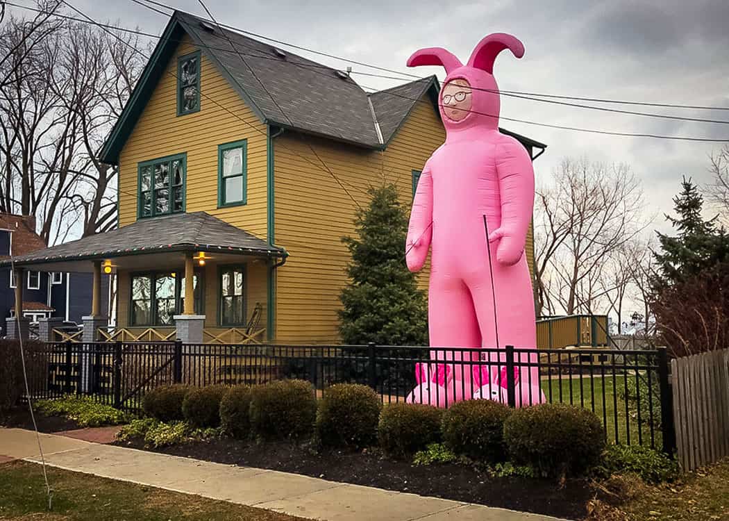 Giant blow up pink rabbit outside the CHristmas Story House in Cleveland.