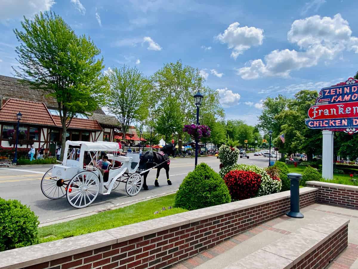 Horse and carriage moving down a leafy street of the Bavarian style town of Frankenmuth in Michigan.