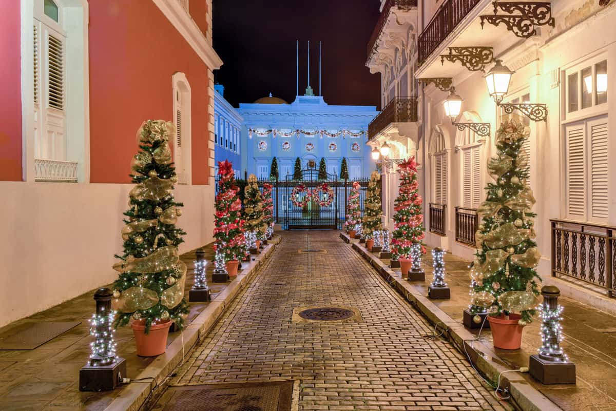 Christams trees at night lining the cobbled streets to La Fortaleza in Puerto Rico.