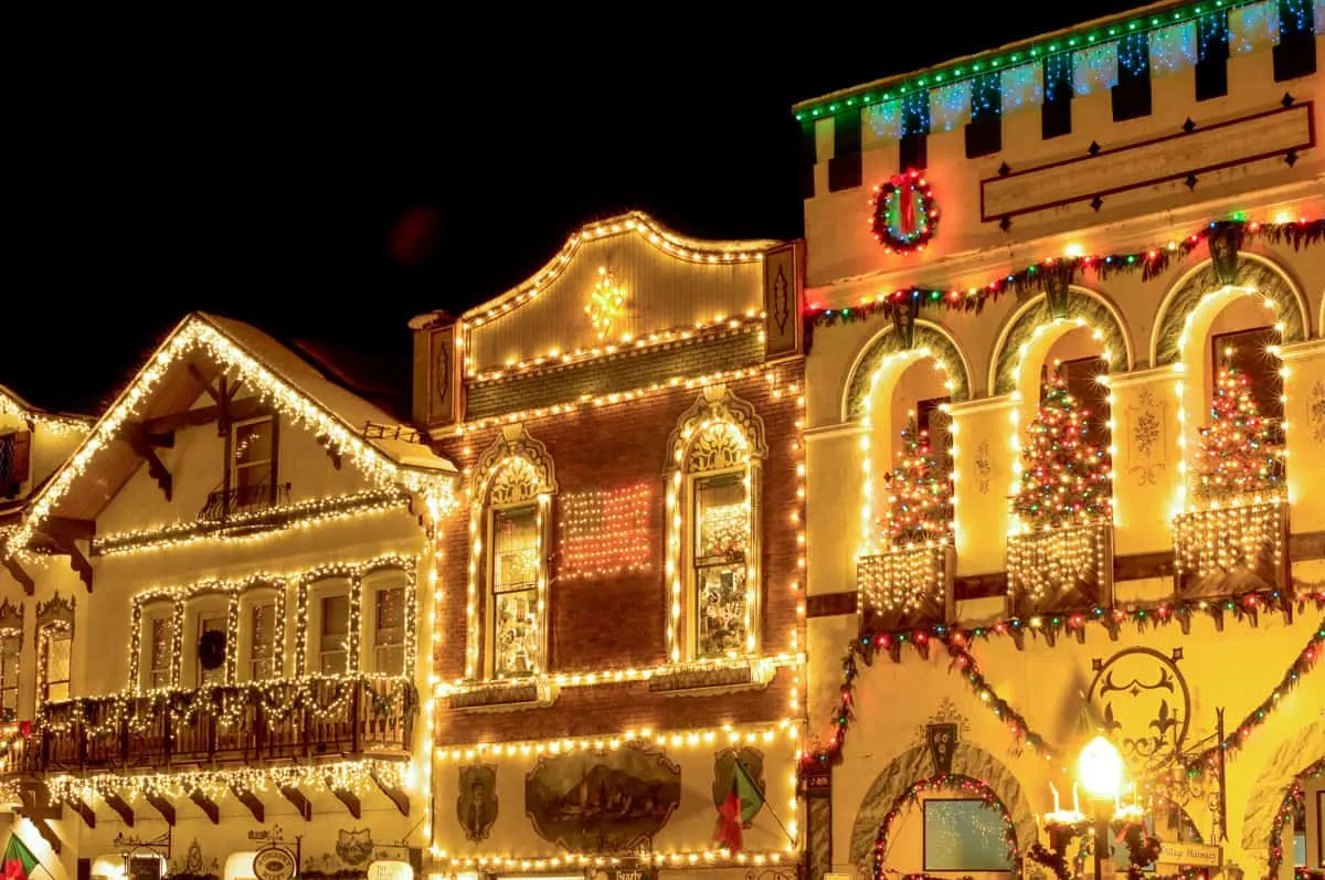 Christmas lights decorating the facade of Bavarian style buildings in Leavenworth Washington