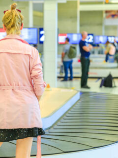 Blonde haired girl in a pink trench coat waiting by and empty luggage carousel at the airport.