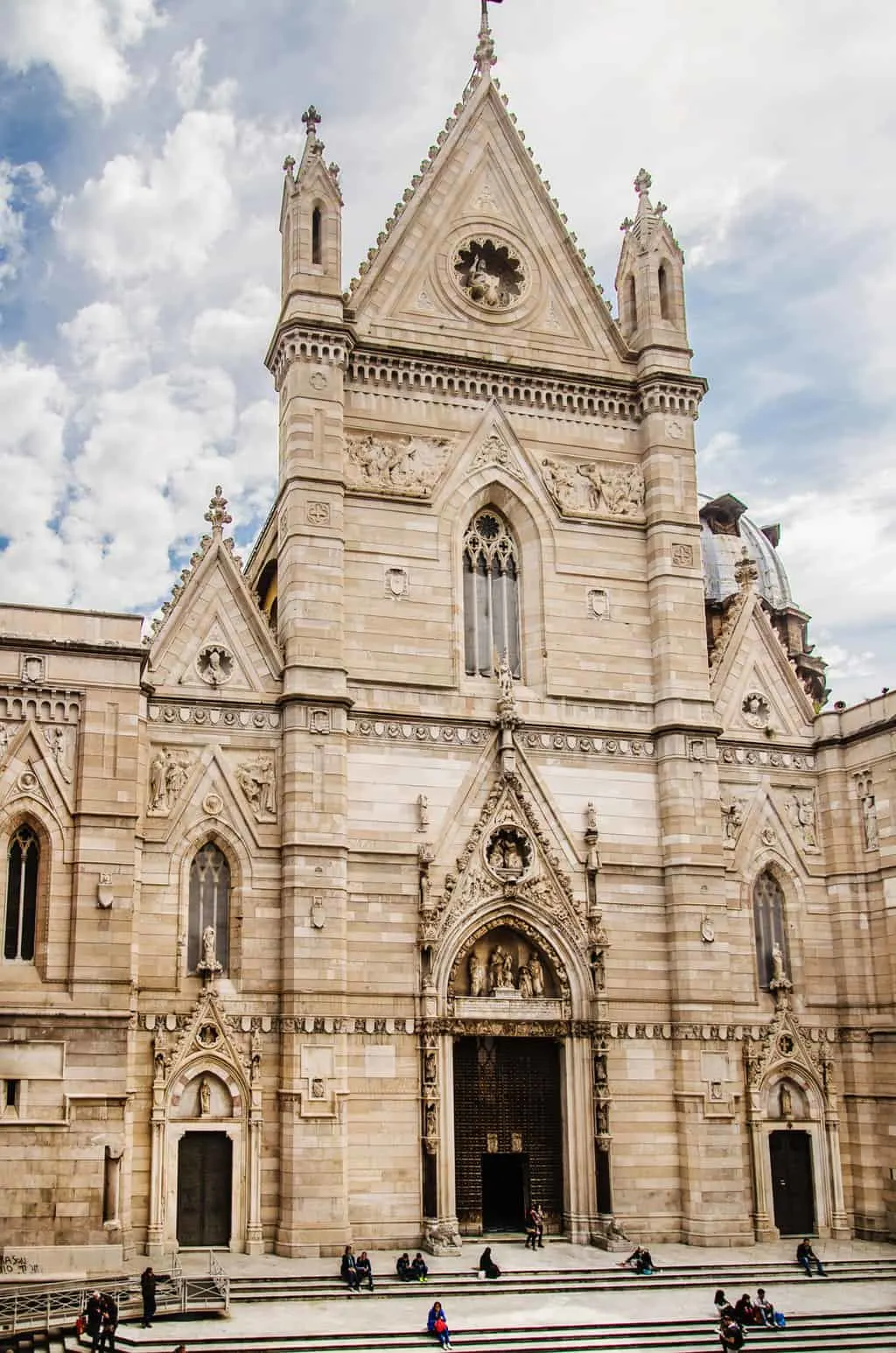 The exterior of the Naples Cathedral in low morning light. 