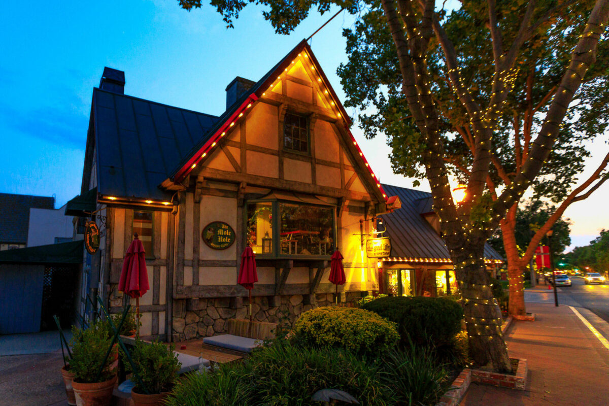 A Danish style building lit up with Christams lights in the US town of Solvang.