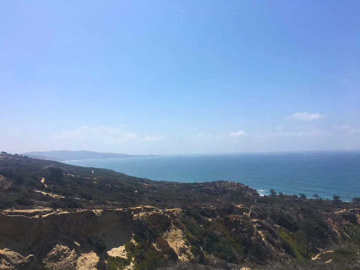 Views over the ocean and coast on a clear day from Torrey Pines in San Diego. 