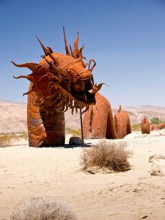 Giant metal serpent sculpture in the desert in Borrego Springs Galata Estate.