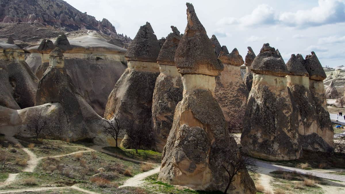 Fairy chimney rock towers carved naturally through erosion in Cappadocia turkey.