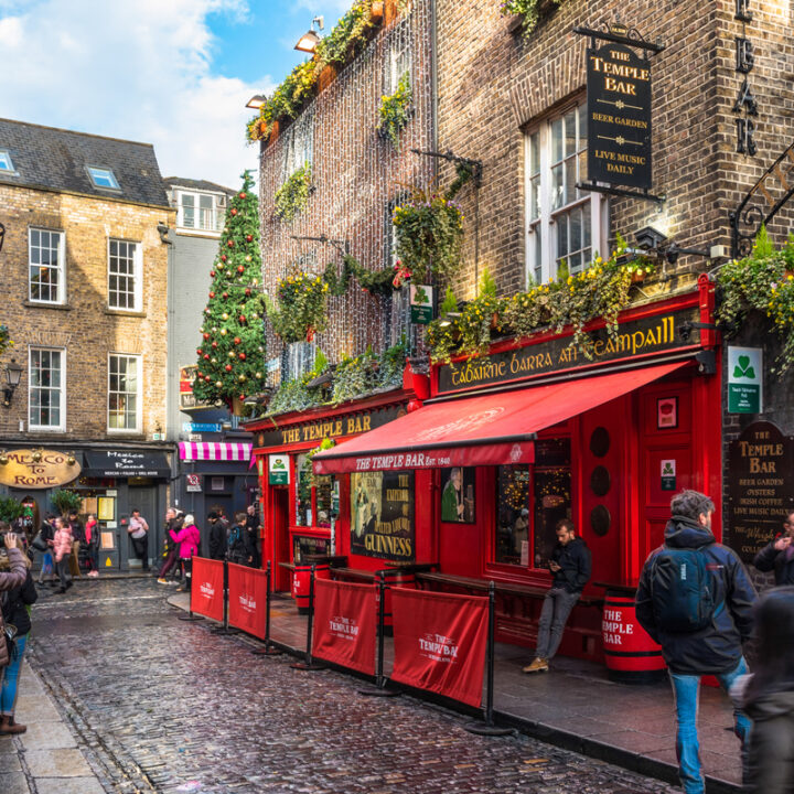 people standing in the cobble streets of the famous temple Bar district in Dublin.