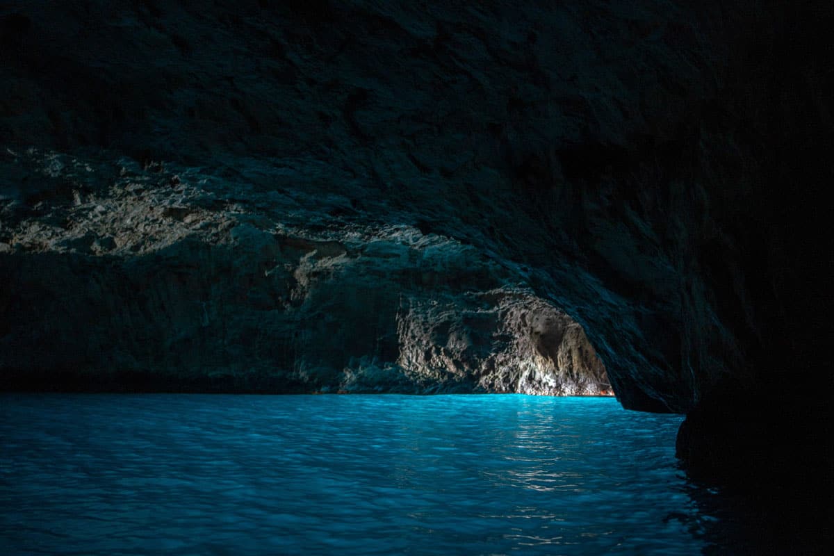 Blue water in a cave in the Blue Grotto on Capri.