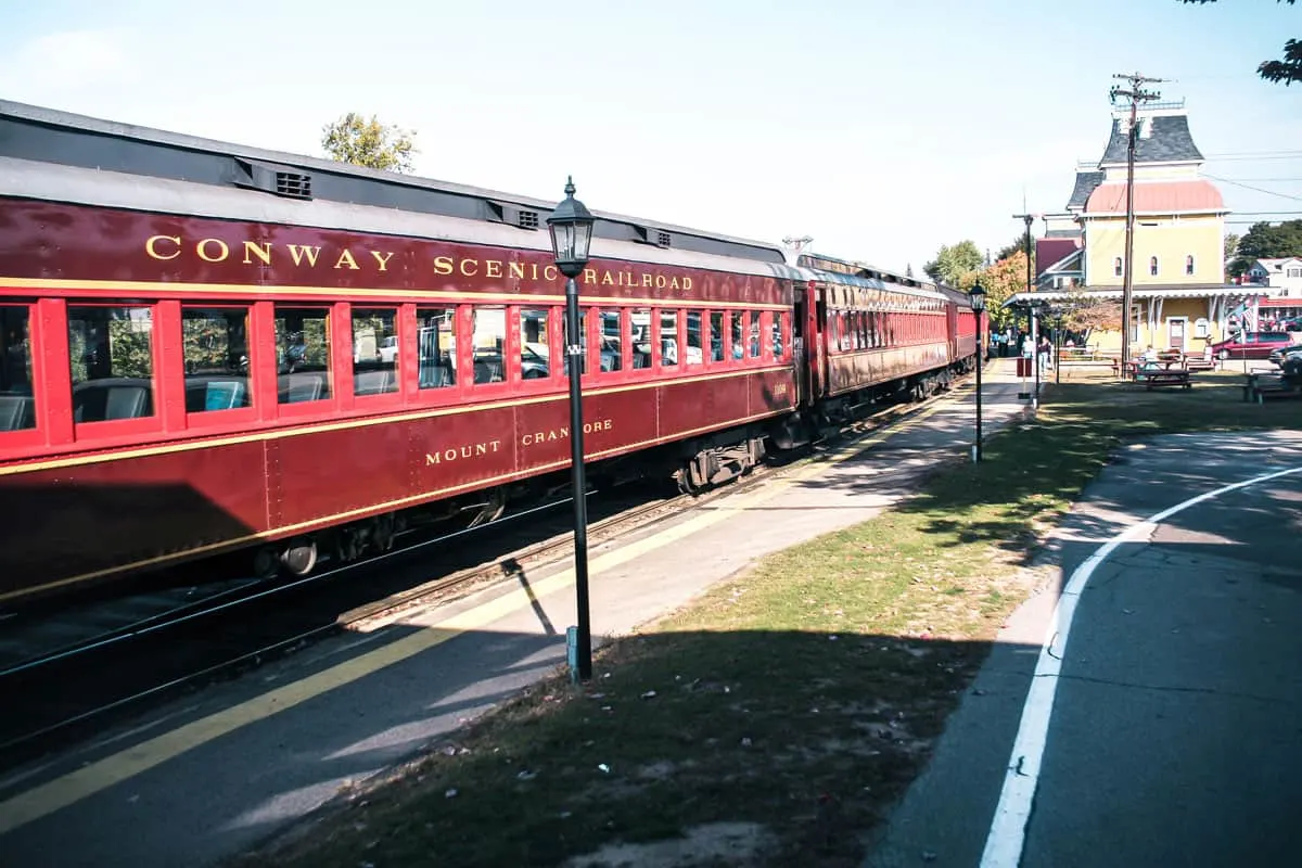Vintage red Conway Scenic train at the station in New Hampshire.