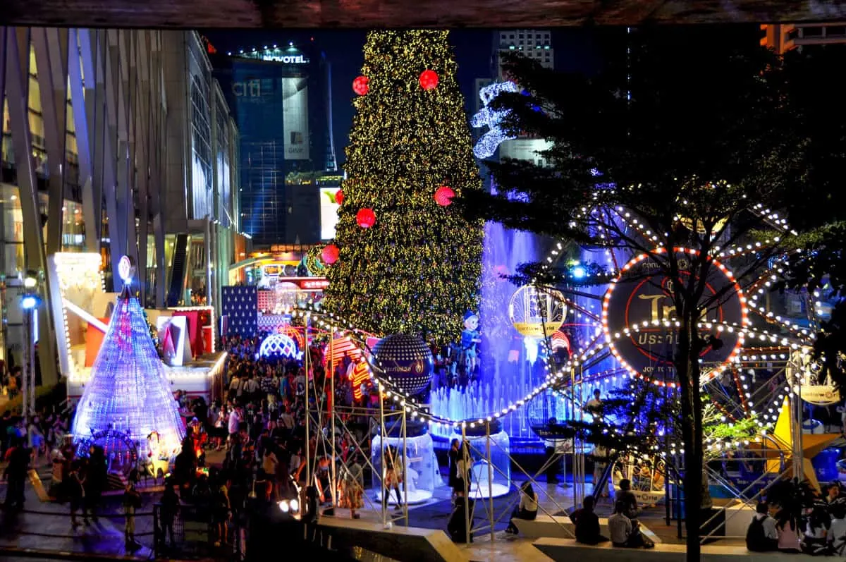 Christmas decorations and trees in the city of Bangkok at night.