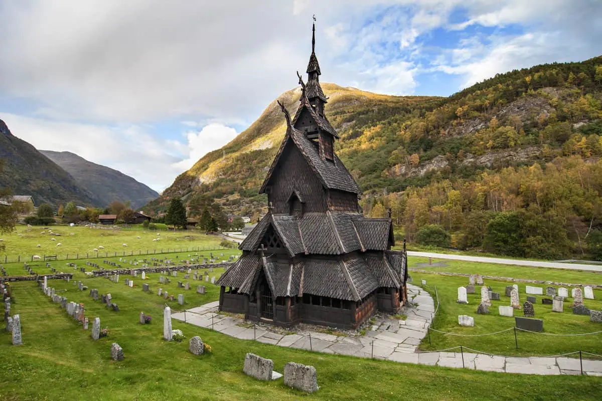 Medieval wooden cathedral in the countryside of Norway,