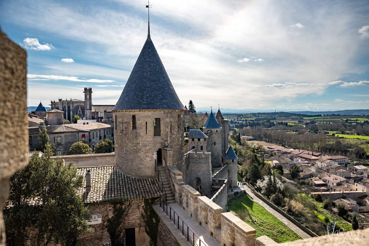 The green countryside of France from the fairytale turrets of the medieval city of Carcassonne.