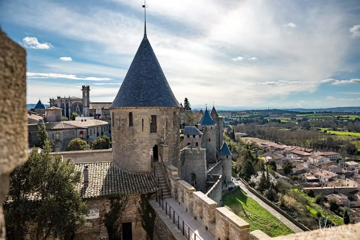 The green countryside of France from the fairytale turrets of the medieval city of Carcassonne.