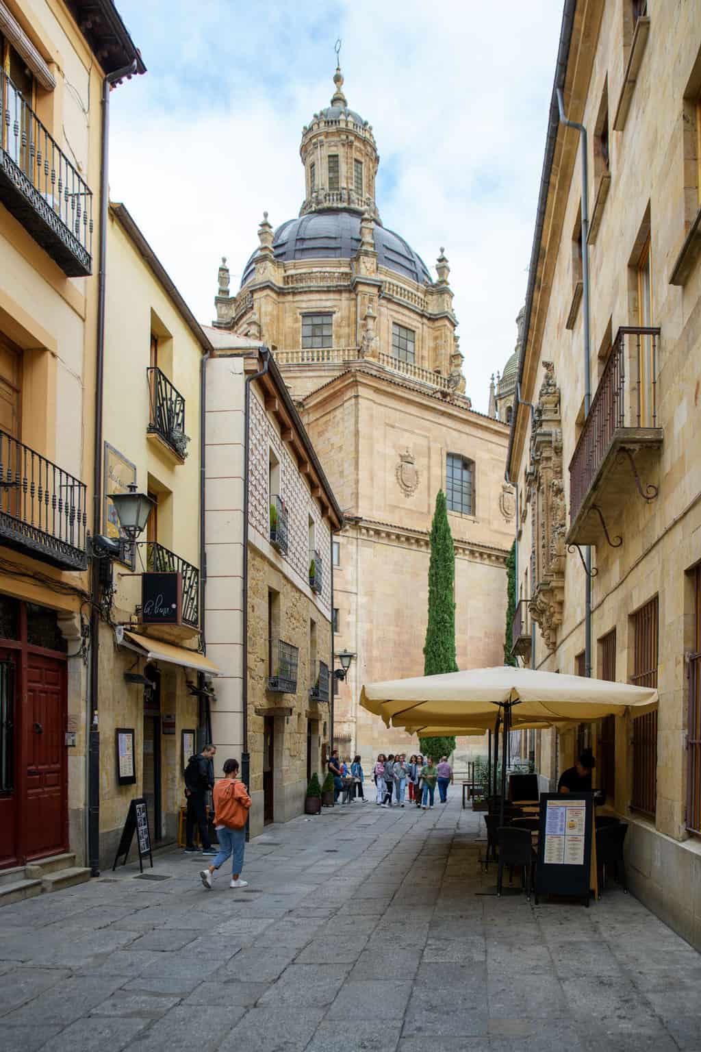 Narrpw street in Salamanca with domed cathedral at the end. 