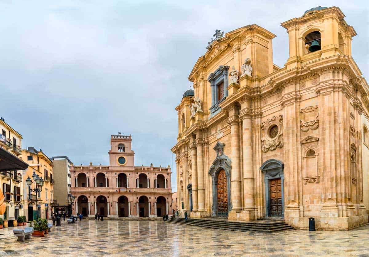 The main square with an historical cathedral and town hall in the town of Marsala in Sicily. 