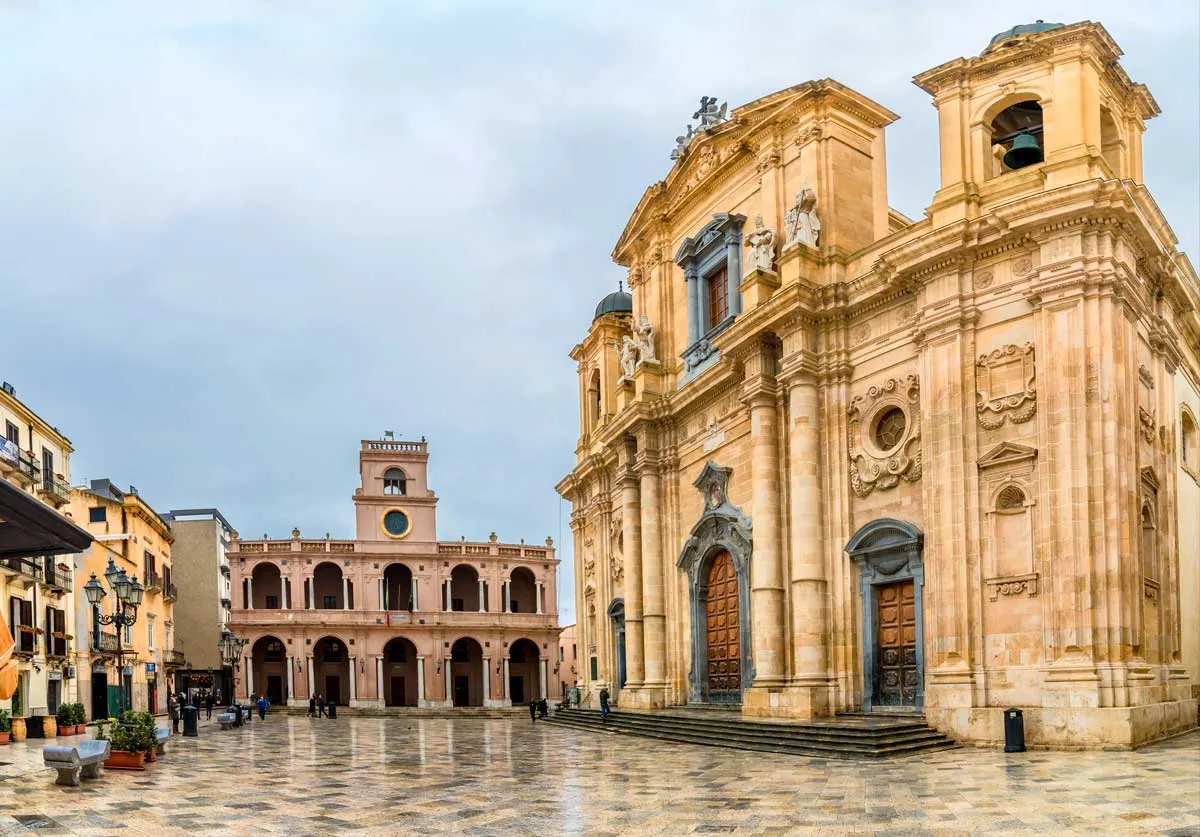 The main square with an historical cathedral and town hall in the town of Marsala in Sicily. 