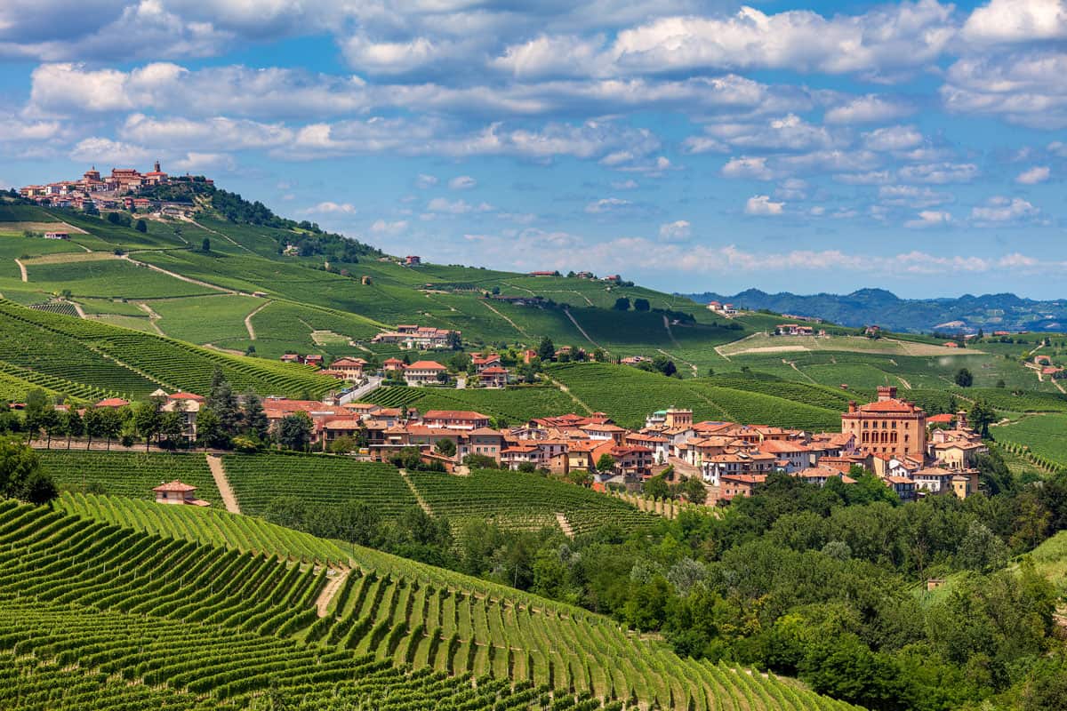 Town of Barolo among green terraced vineyards in Italy