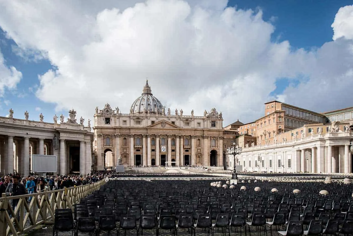 Hundreds of chairs neatly lined up in St.Peter's Square in the Vatican.