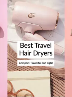 A collage of travel hair dryers in shades of pink.