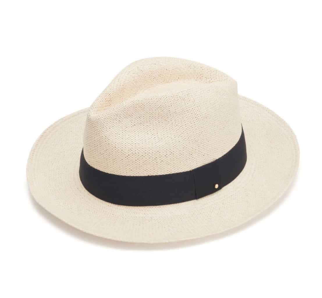 A product shot of a straw Panama hat with a black band. 
