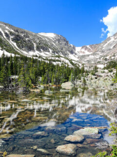 Snow capped mountains are mirroed in a clear lake with green fir trees surrounding the water.