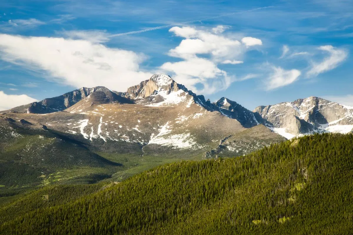 Rolling green hills of old growth forest give way to snow capped mountains on a sunny day.