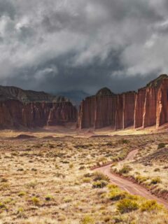 Stormy skies over Cathedral valley in Capitol Reef National park.