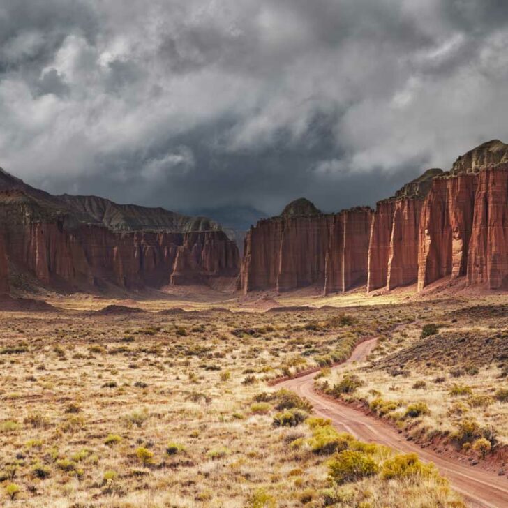 Stormy skies over Cathedral valley in Capitol Reef National park.