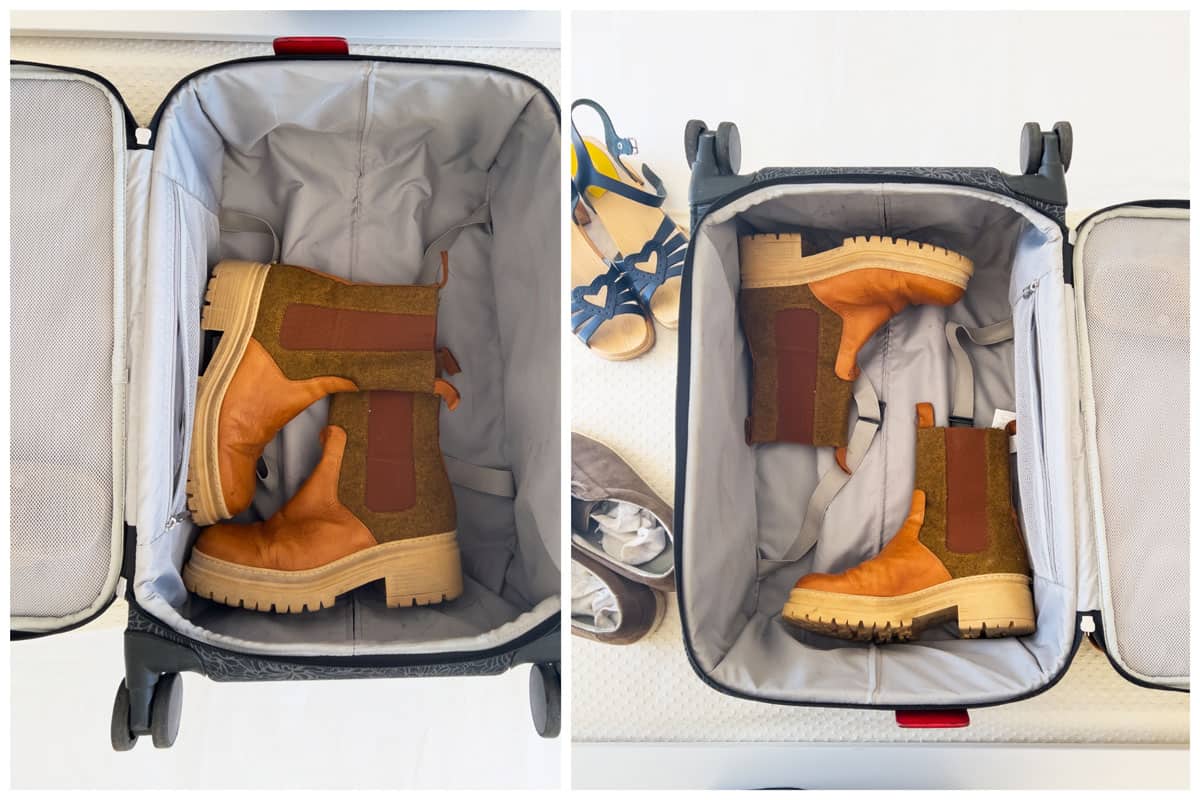 A collage of two images showing how to pack boots in a suitcase. The boots are tan leather in a gray suitcase. 