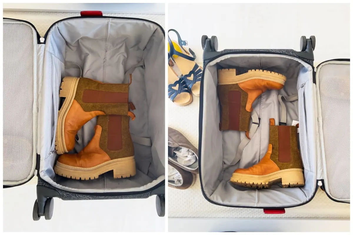 A collage of two images showing how to pack boots in a suitcase. The boots are tan leather in a gray suitcase. 