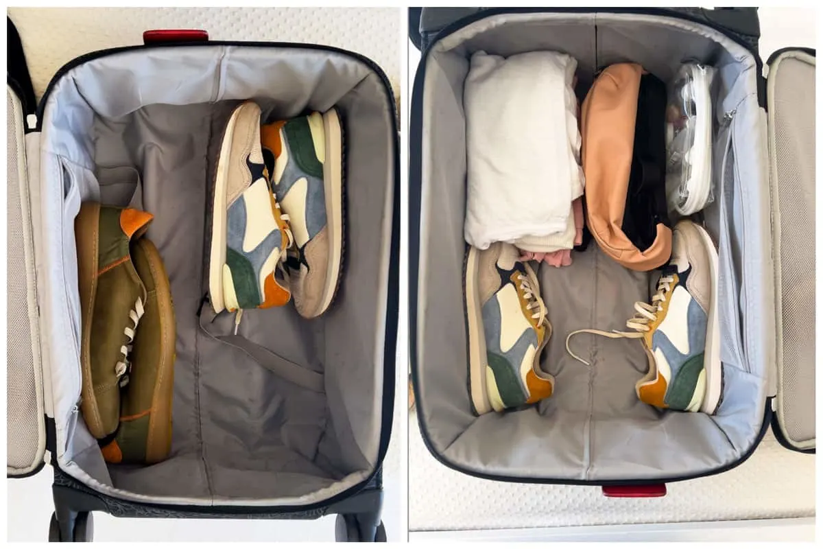 Two images showing different ways to pack sneakers in a suitcase. 