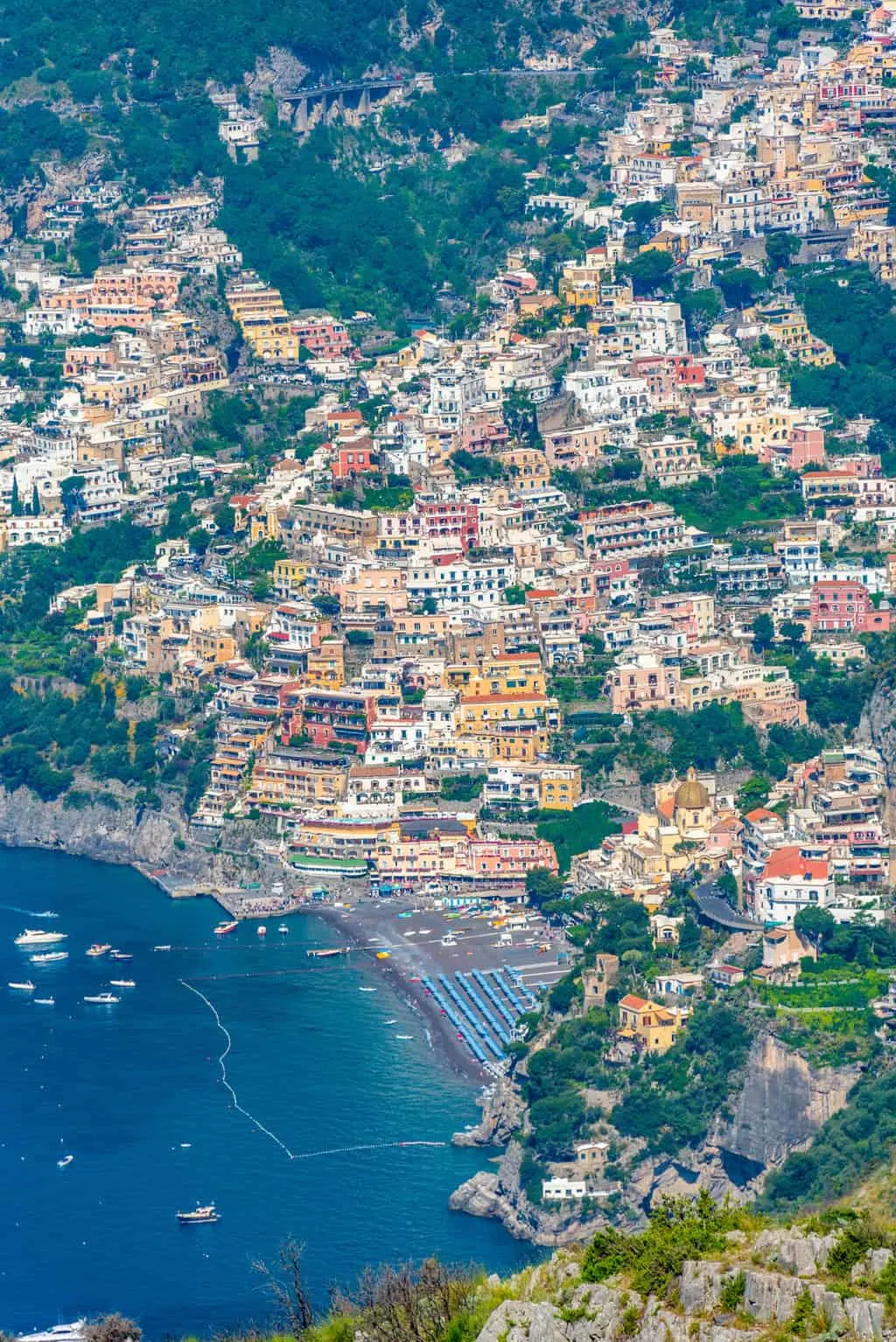 Aerial view of the colourful city of Positano from Sentiero degli Dei hiking trail in Amalfi Coast. 