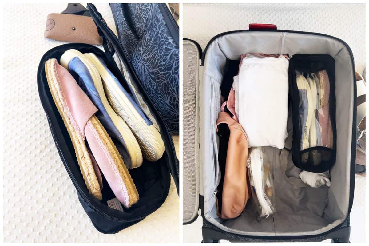 A collage of 2 pictures showing a pink and a blue pair of shoes in a shoe bag and then the shoe bag packed in a suitcase with some women's clothes. 