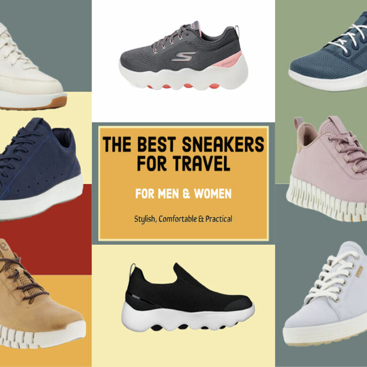 Multi coloured background with product shots of sneakers and text overlay " Best Sneakers for Travel for Men and Women"