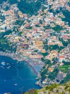 Aerial view of the colourful city of Positano from Sentiero degli Dei hiking trail in Amalfi Coast.