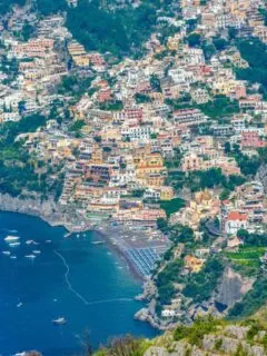 Aerial view of the colourful city of Positano from Sentiero degli Dei hiking trail in Amalfi Coast.