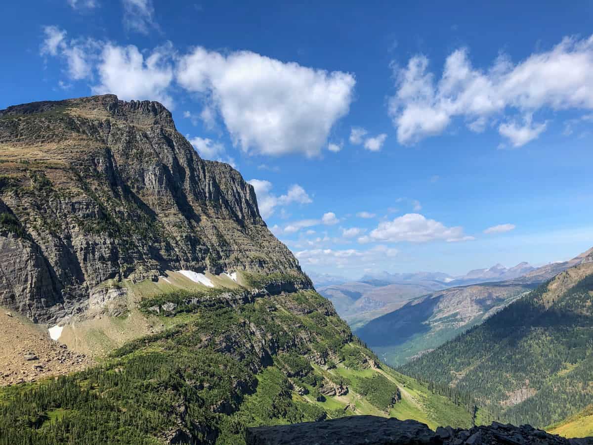 Mountainous terrain with green gully's on a sunny day in Glacier National park. 