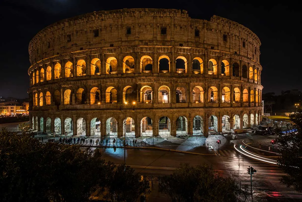 The Colosseum at night in Rome. 