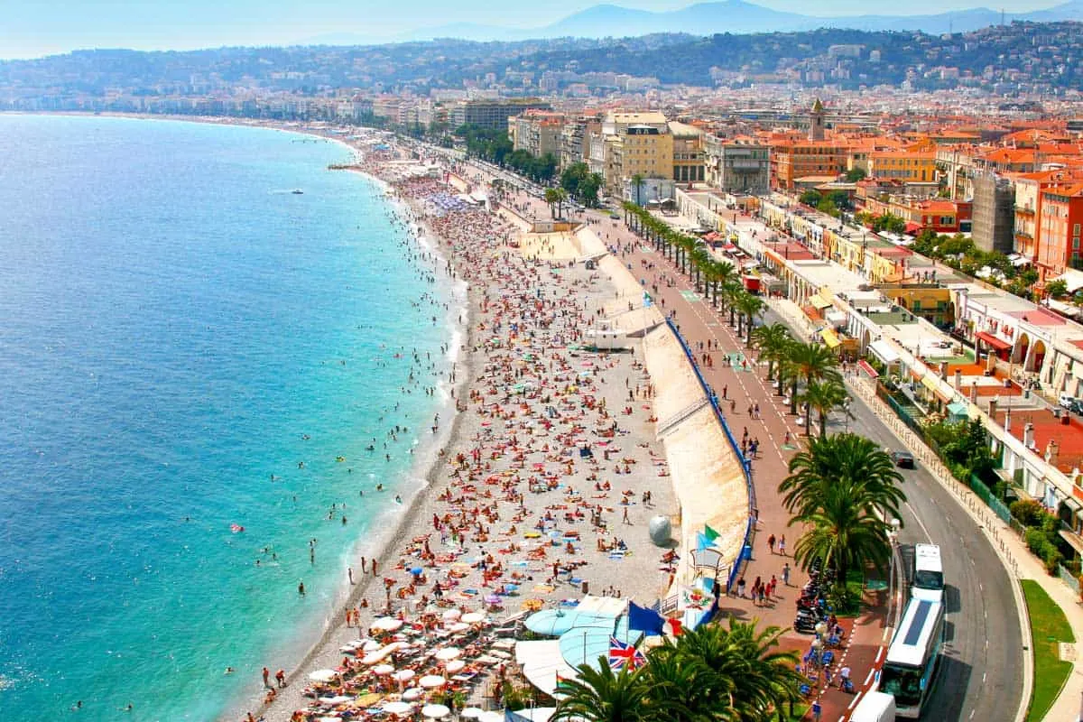 Aerial view of the crowded beach in Nice France in summer.