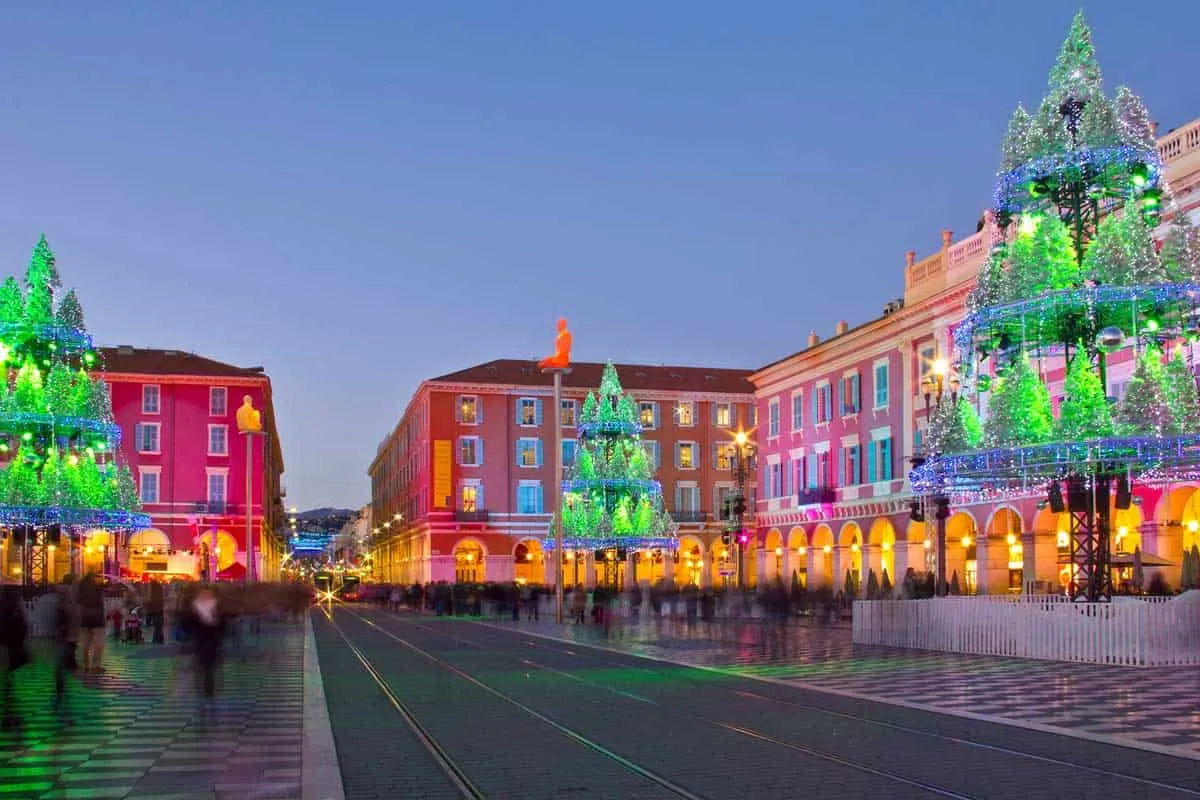 Christmas lights in the main street of Nice France in December. 