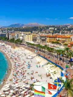 Aerial view of the crowded beach in Nice France in summer.