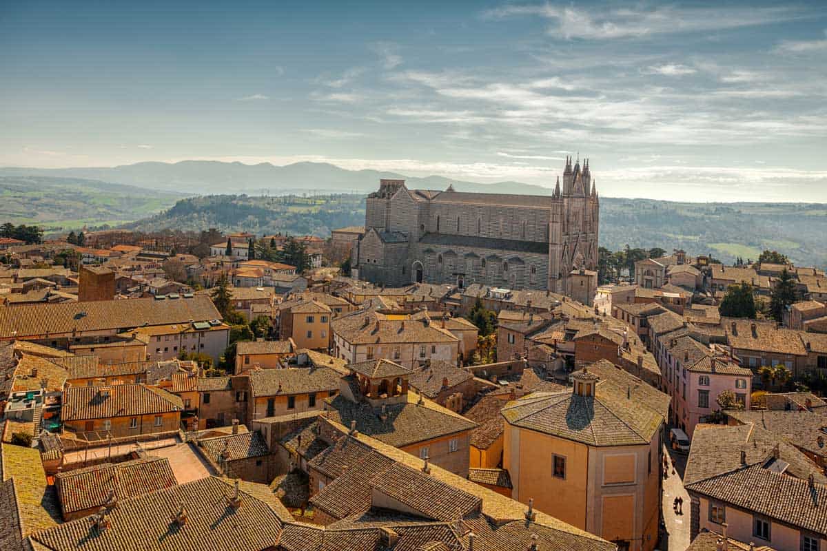 Panoramic view of the town of Orvieto with the cathedral rising above the town. 