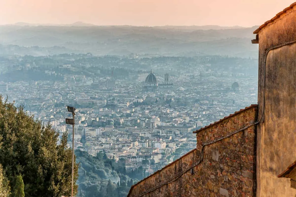 panoramic view of Florence on a misty morning from Fiesole. 